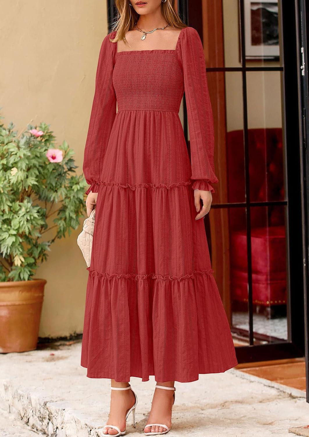 imagePRETTYGARDEN Fall Dresses for Women 2025 Casual Long Sleeve Smocked Ruffle Flowy Elegant Wedding Guest Maxi Dress PocketsRed