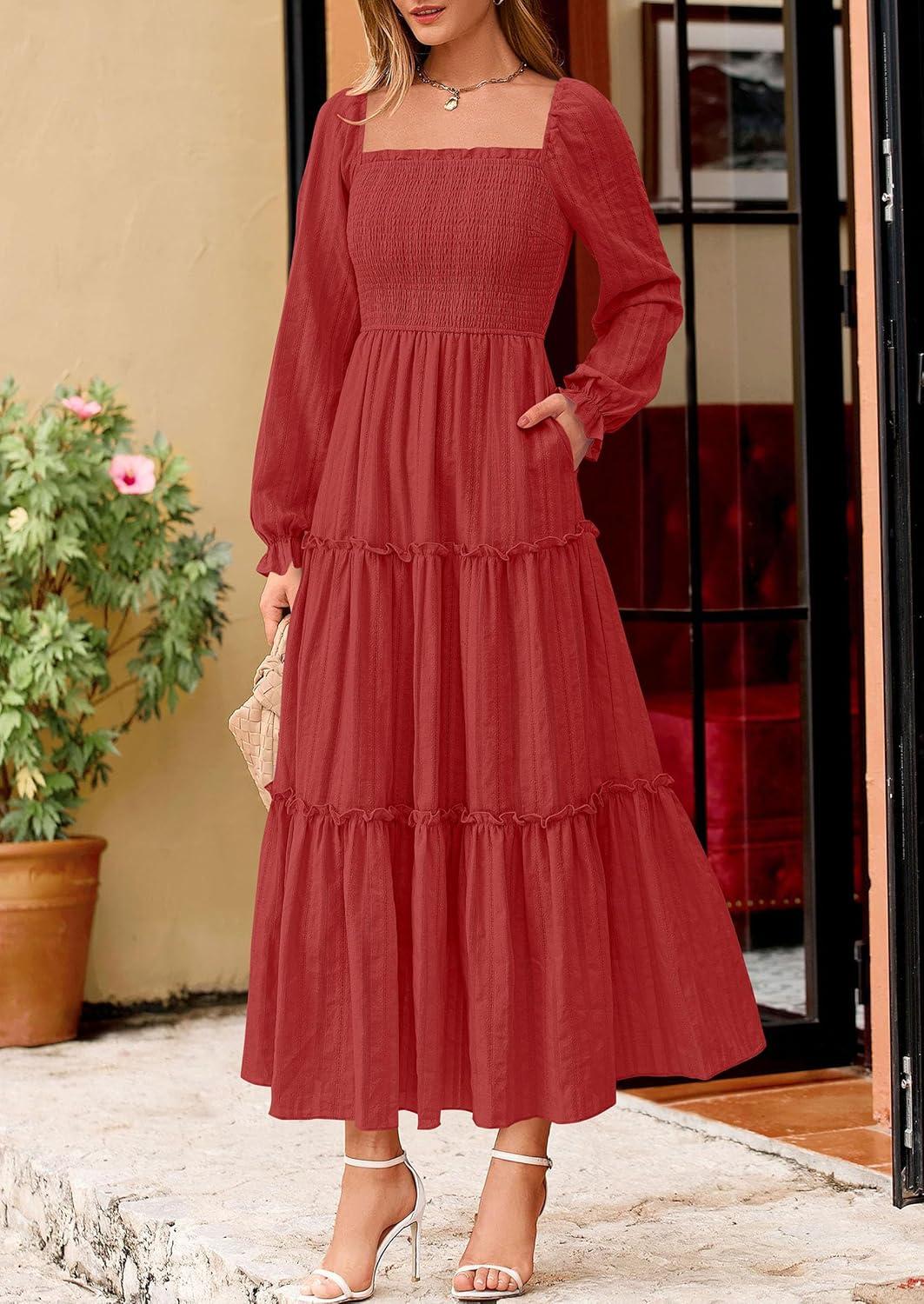 imagePRETTYGARDEN Fall Dresses for Women 2025 Casual Long Sleeve Smocked Ruffle Flowy Elegant Wedding Guest Maxi Dress PocketsRed