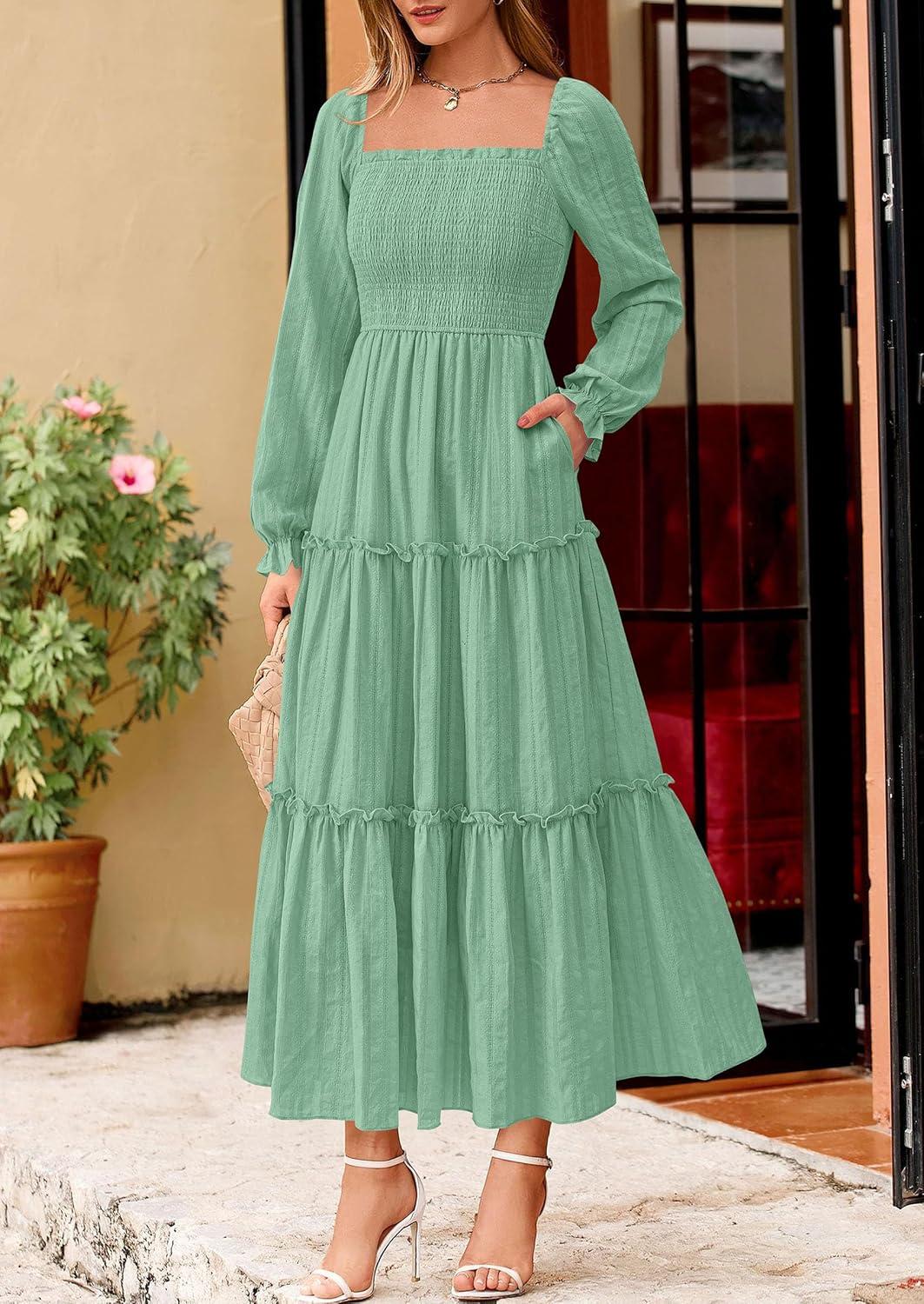 imagePRETTYGARDEN Fall Dresses for Women 2025 Casual Long Sleeve Smocked Ruffle Flowy Elegant Wedding Guest Maxi Dress PocketsSage Green