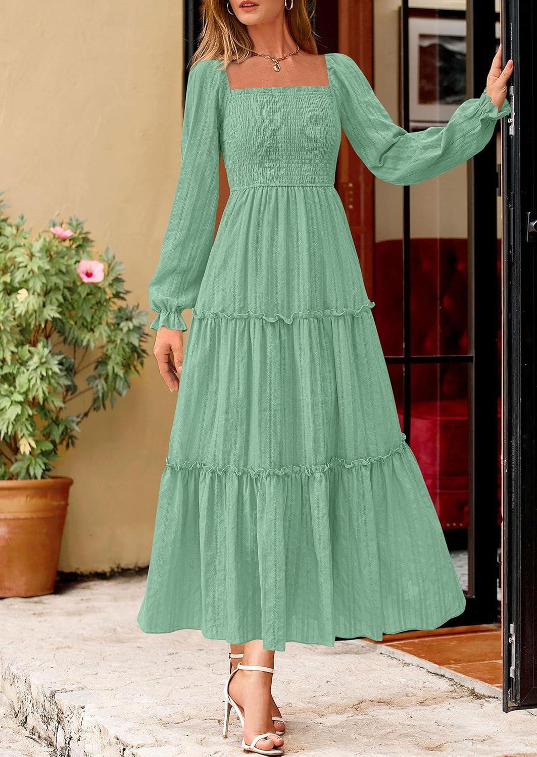 imagePRETTYGARDEN Fall Dresses for Women 2025 Casual Long Sleeve Smocked Ruffle Flowy Elegant Wedding Guest Maxi Dress PocketsSage Green