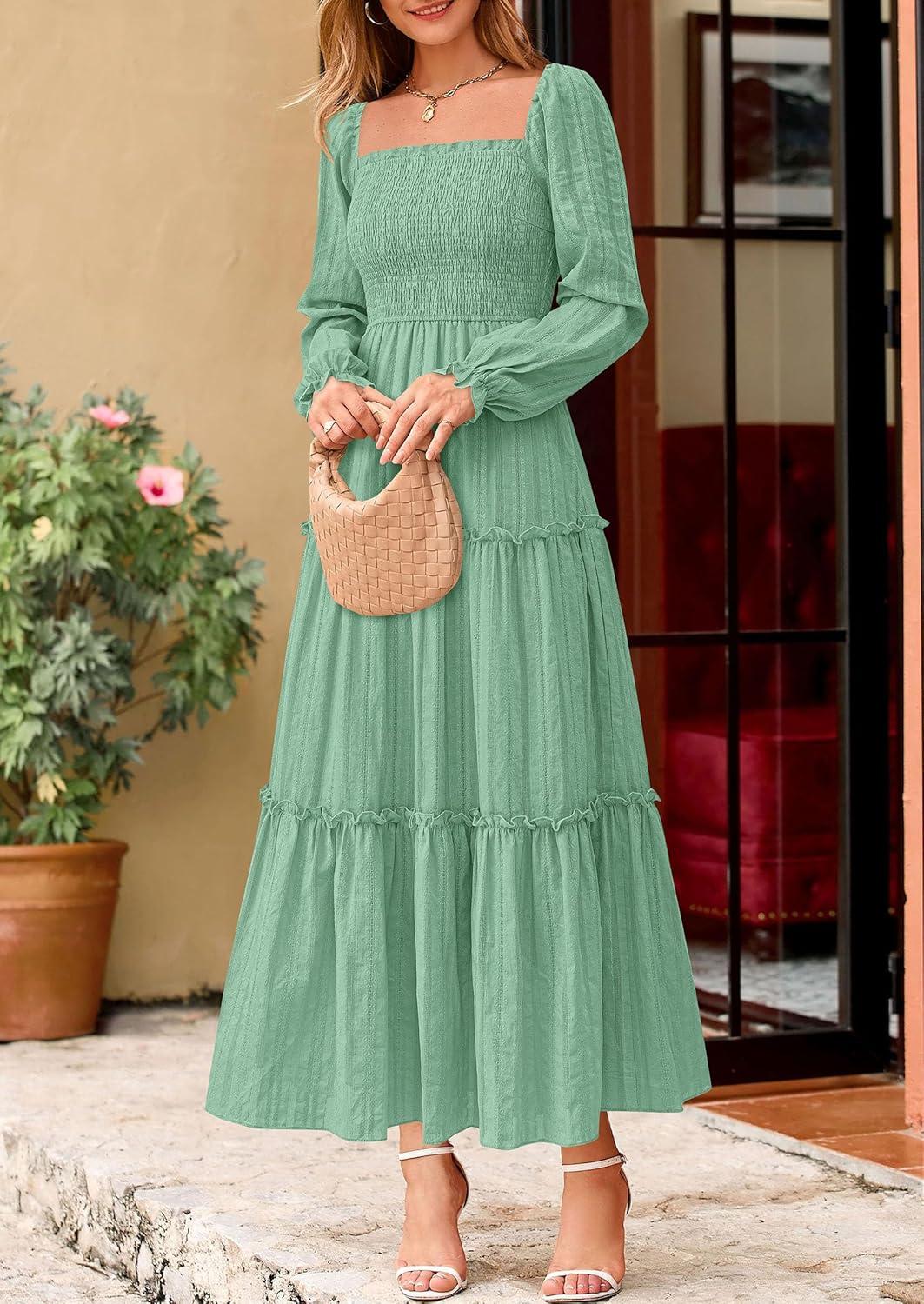 imagePRETTYGARDEN Fall Dresses for Women 2025 Casual Long Sleeve Smocked Ruffle Flowy Elegant Wedding Guest Maxi Dress PocketsSage Green