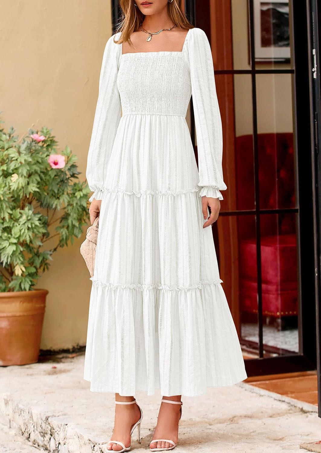 imagePRETTYGARDEN Fall Dresses for Women 2025 Casual Long Sleeve Smocked Ruffle Flowy Elegant Wedding Guest Maxi Dress PocketsWhite