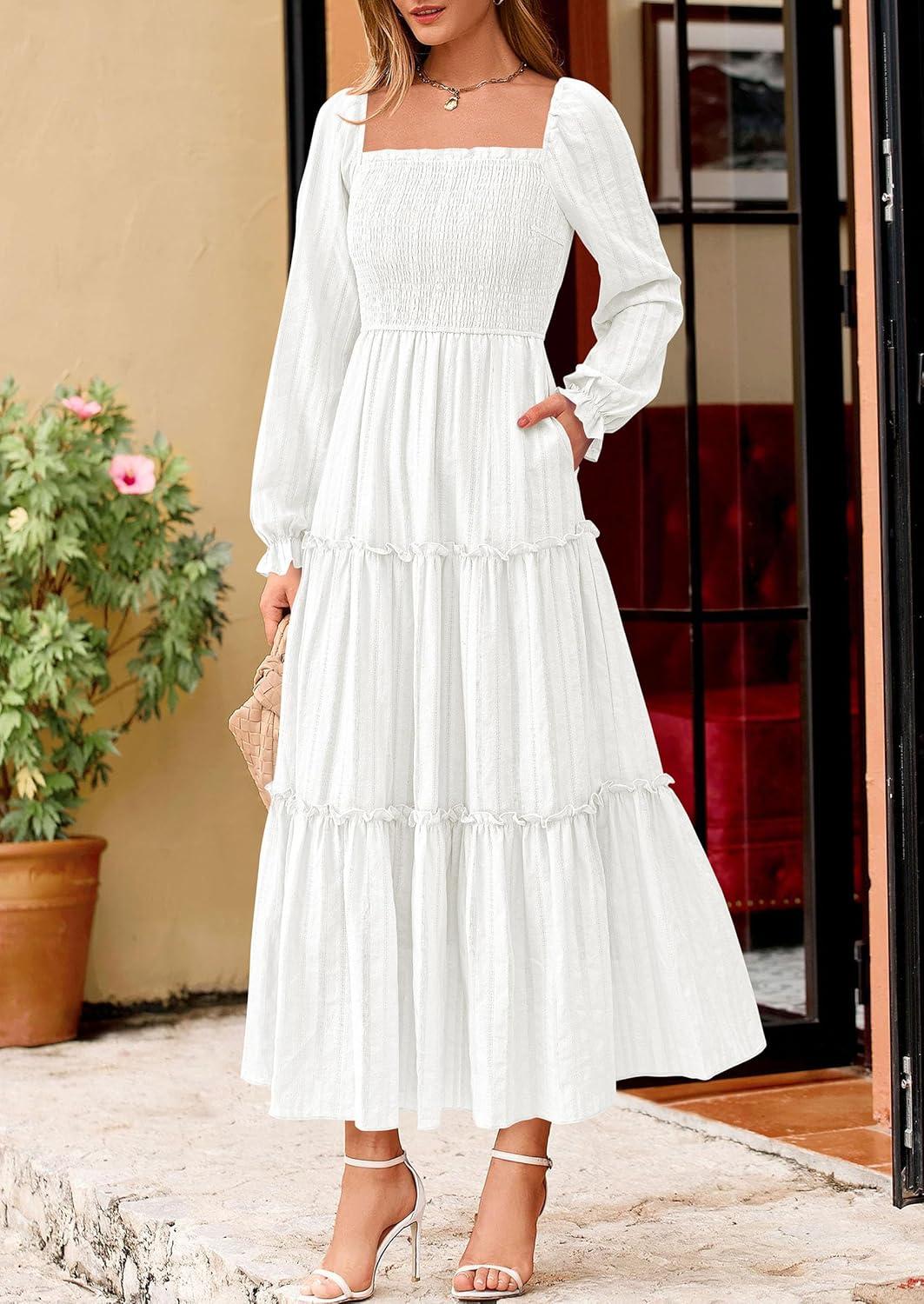 imagePRETTYGARDEN Fall Dresses for Women 2025 Casual Long Sleeve Smocked Ruffle Flowy Elegant Wedding Guest Maxi Dress PocketsWhite