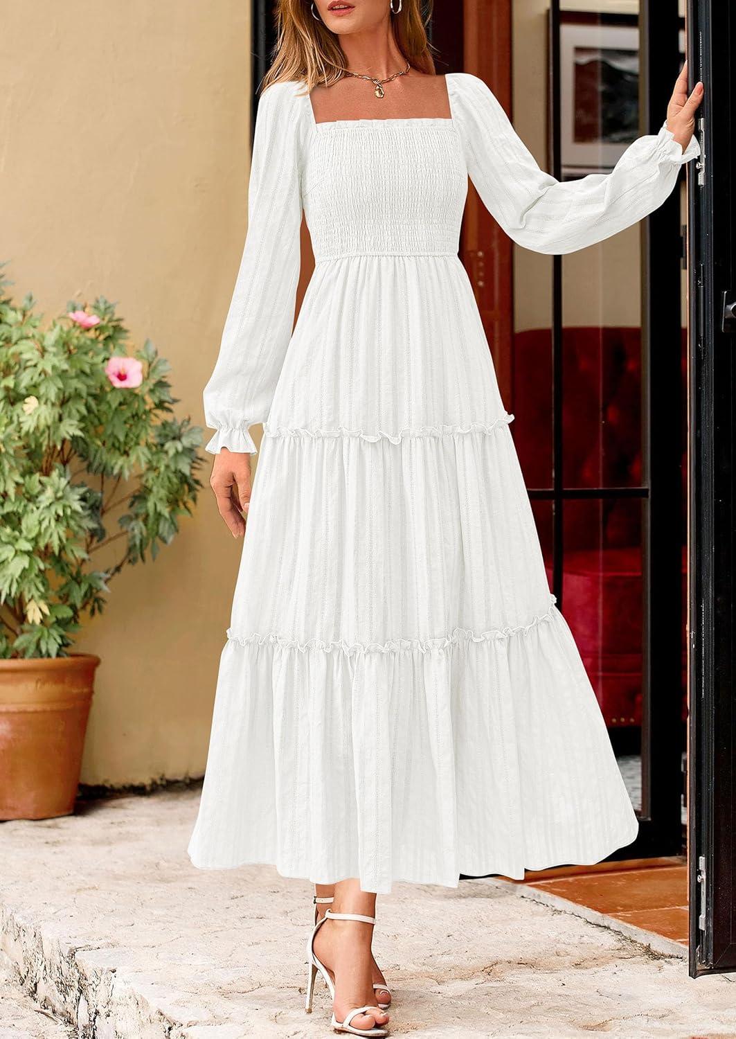imagePRETTYGARDEN Fall Dresses for Women 2025 Casual Long Sleeve Smocked Ruffle Flowy Elegant Wedding Guest Maxi Dress PocketsWhite