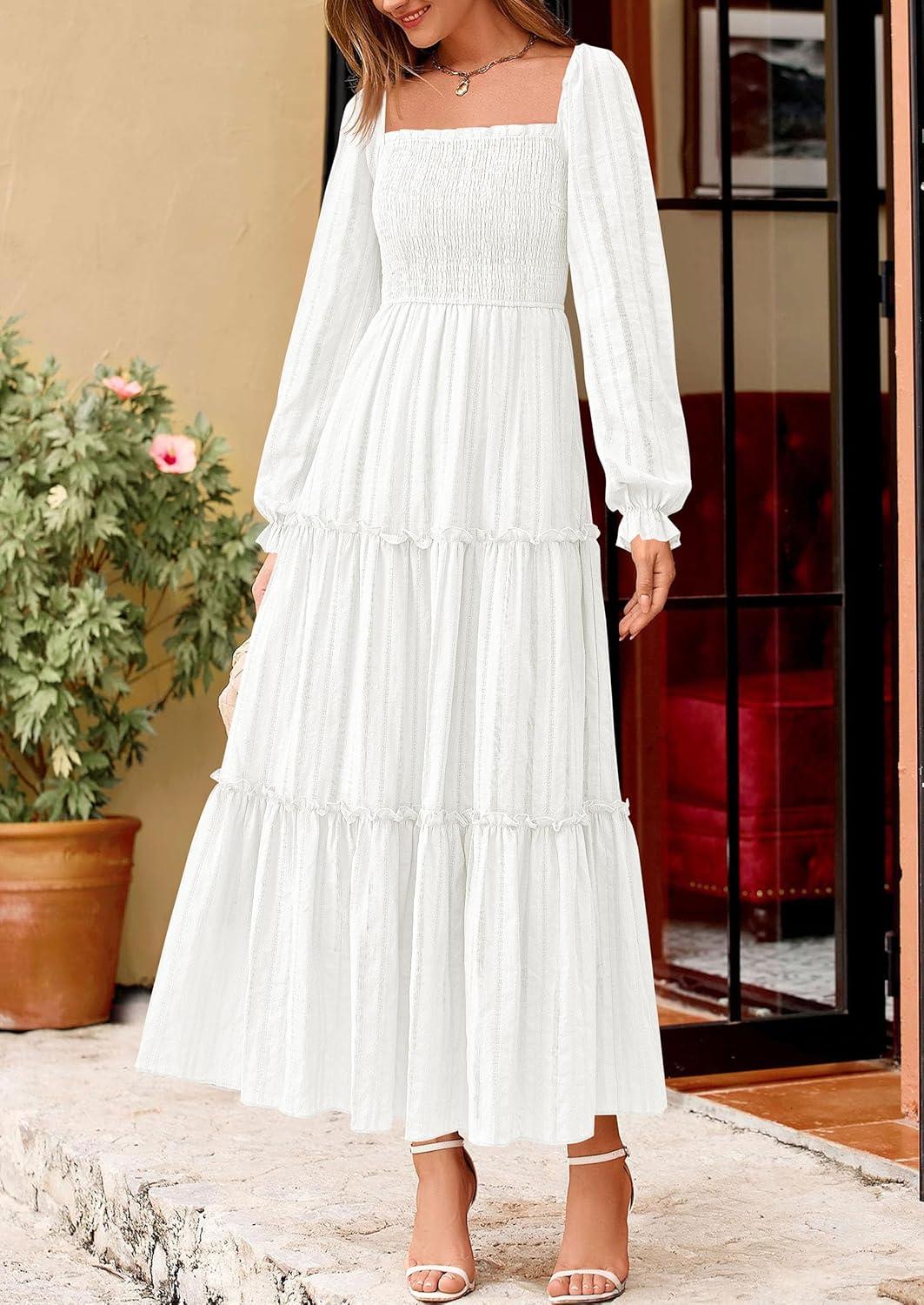 imagePRETTYGARDEN Fall Dresses for Women 2025 Casual Long Sleeve Smocked Ruffle Flowy Elegant Wedding Guest Maxi Dress PocketsWhite