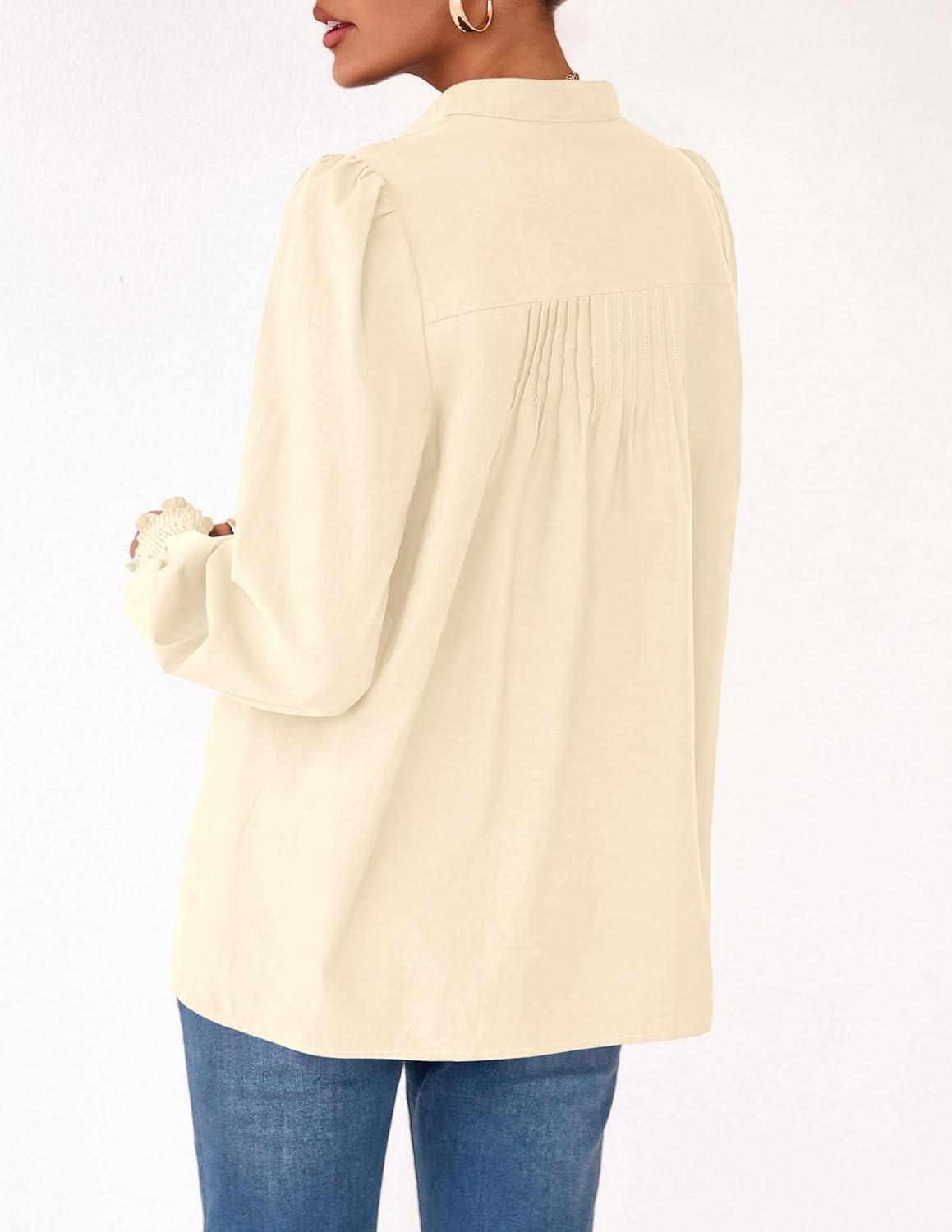 imagePRETTYGARDEN Fall Lantern Long Sleeve Shirts for Women 2025 Trendy Button Vneck Pullover Henley Tops Dressy Work BlousesBeige