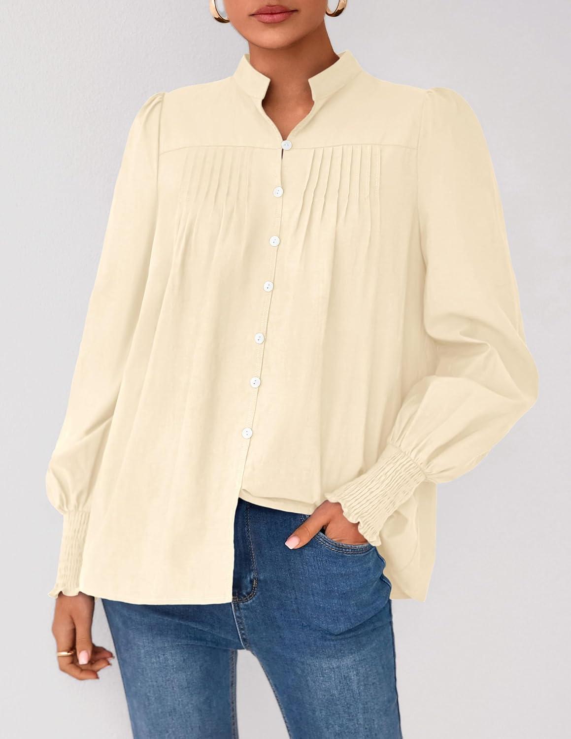 imagePRETTYGARDEN Fall Lantern Long Sleeve Shirts for Women 2025 Trendy Button Vneck Pullover Henley Tops Dressy Work BlousesBeige