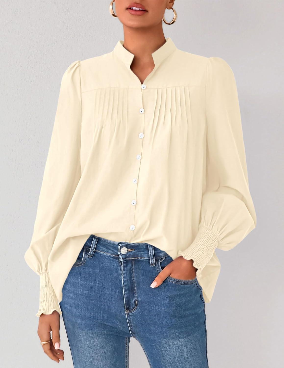 imagePRETTYGARDEN Fall Lantern Long Sleeve Shirts for Women 2025 Trendy Button Vneck Pullover Henley Tops Dressy Work BlousesBeige