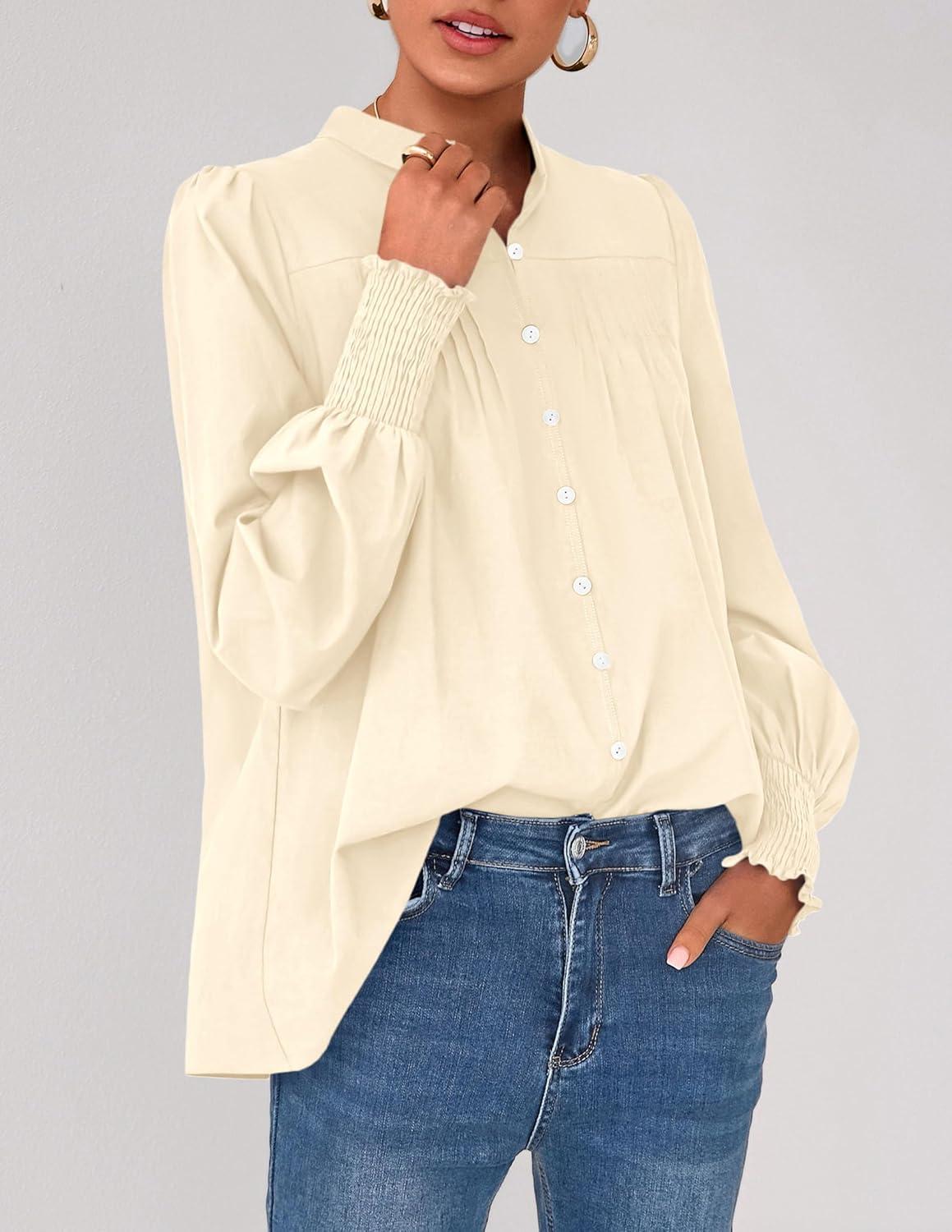 imagePRETTYGARDEN Fall Lantern Long Sleeve Shirts for Women 2025 Trendy Button Vneck Pullover Henley Tops Dressy Work BlousesBeige