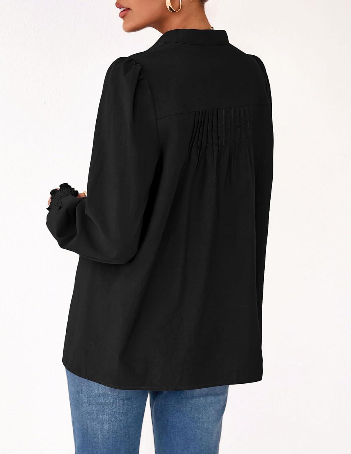 imagePRETTYGARDEN Fall Lantern Long Sleeve Shirts for Women 2025 Trendy Button Vneck Pullover Henley Tops Dressy Work BlousesBlack