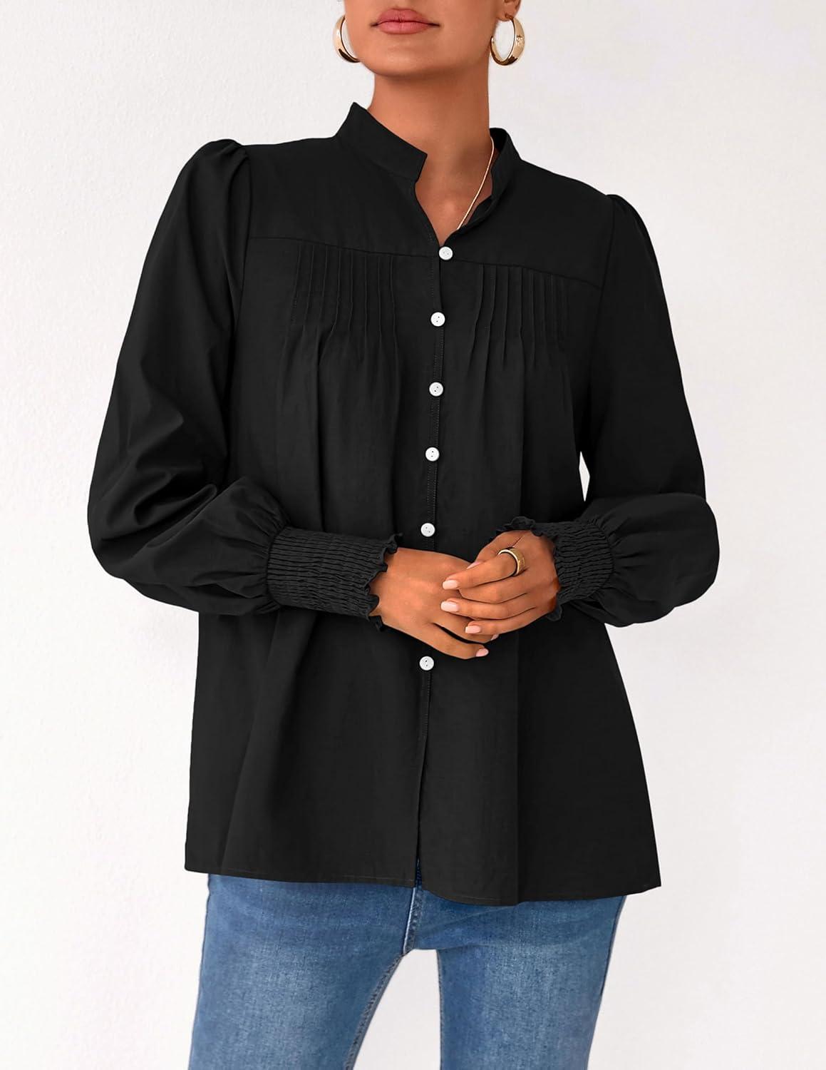 imagePRETTYGARDEN Fall Lantern Long Sleeve Shirts for Women 2025 Trendy Button Vneck Pullover Henley Tops Dressy Work BlousesBlack