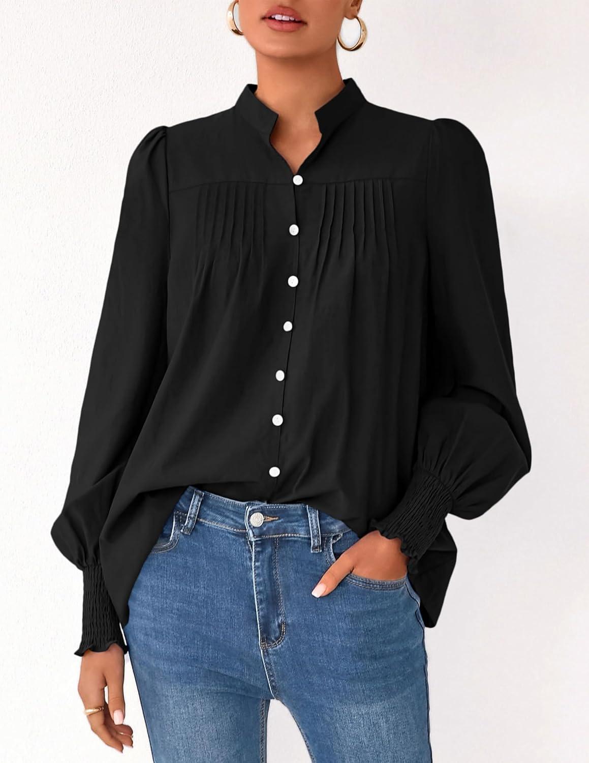 imagePRETTYGARDEN Fall Lantern Long Sleeve Shirts for Women 2025 Trendy Button Vneck Pullover Henley Tops Dressy Work BlousesBlack