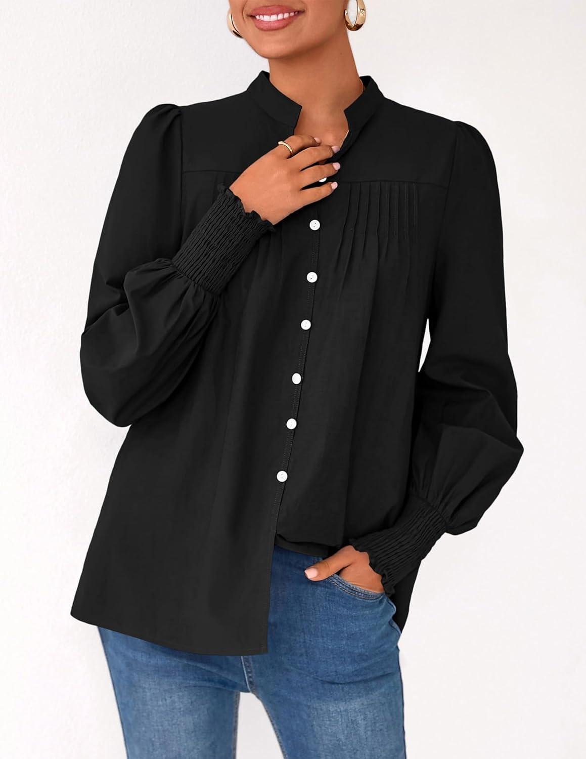 imagePRETTYGARDEN Fall Lantern Long Sleeve Shirts for Women 2025 Trendy Button Vneck Pullover Henley Tops Dressy Work BlousesBlack