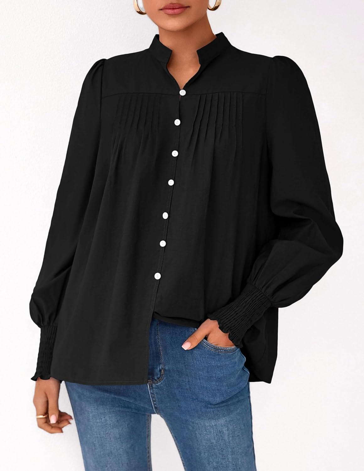 imagePRETTYGARDEN Fall Lantern Long Sleeve Shirts for Women 2025 Trendy Button Vneck Pullover Henley Tops Dressy Work BlousesBlack