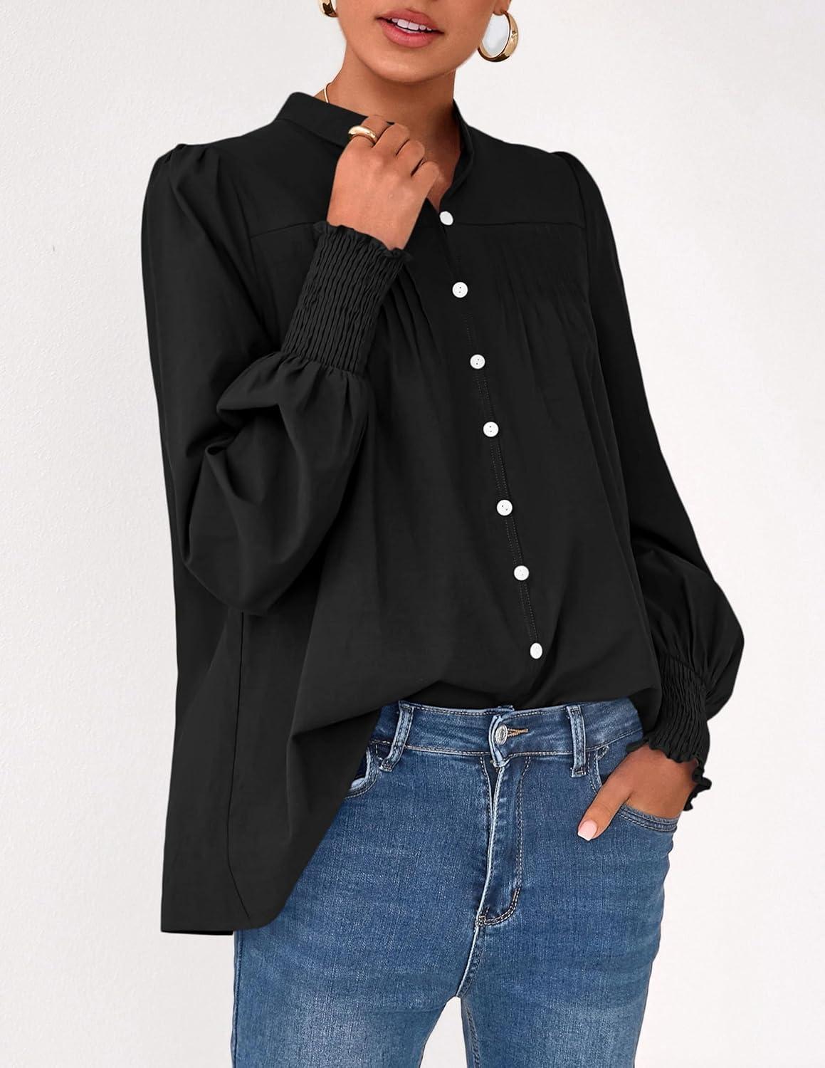 imagePRETTYGARDEN Fall Lantern Long Sleeve Shirts for Women 2025 Trendy Button Vneck Pullover Henley Tops Dressy Work BlousesBlack