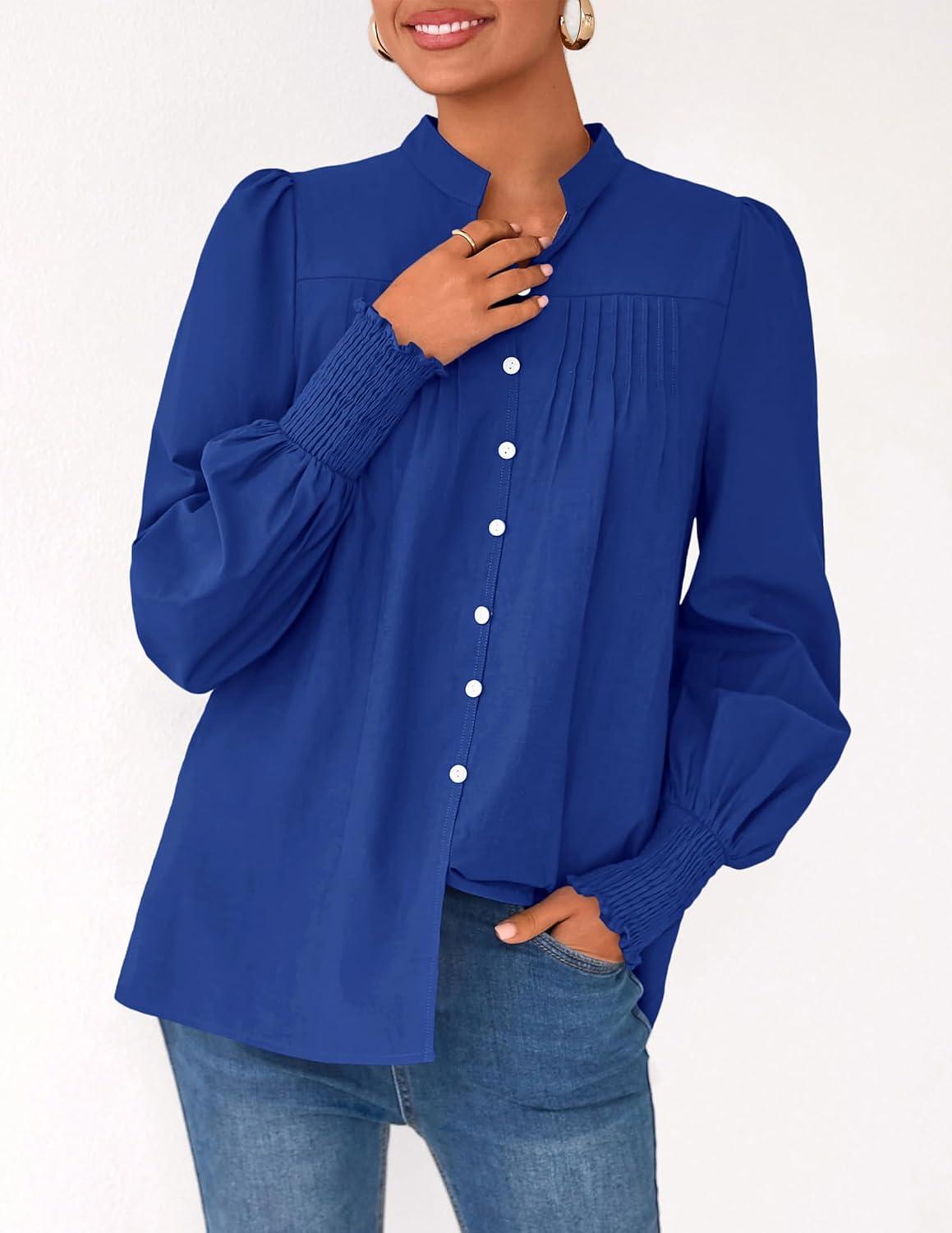 imagePRETTYGARDEN Fall Lantern Long Sleeve Shirts for Women 2025 Trendy Button Vneck Pullover Henley Tops Dressy Work BlousesBlue