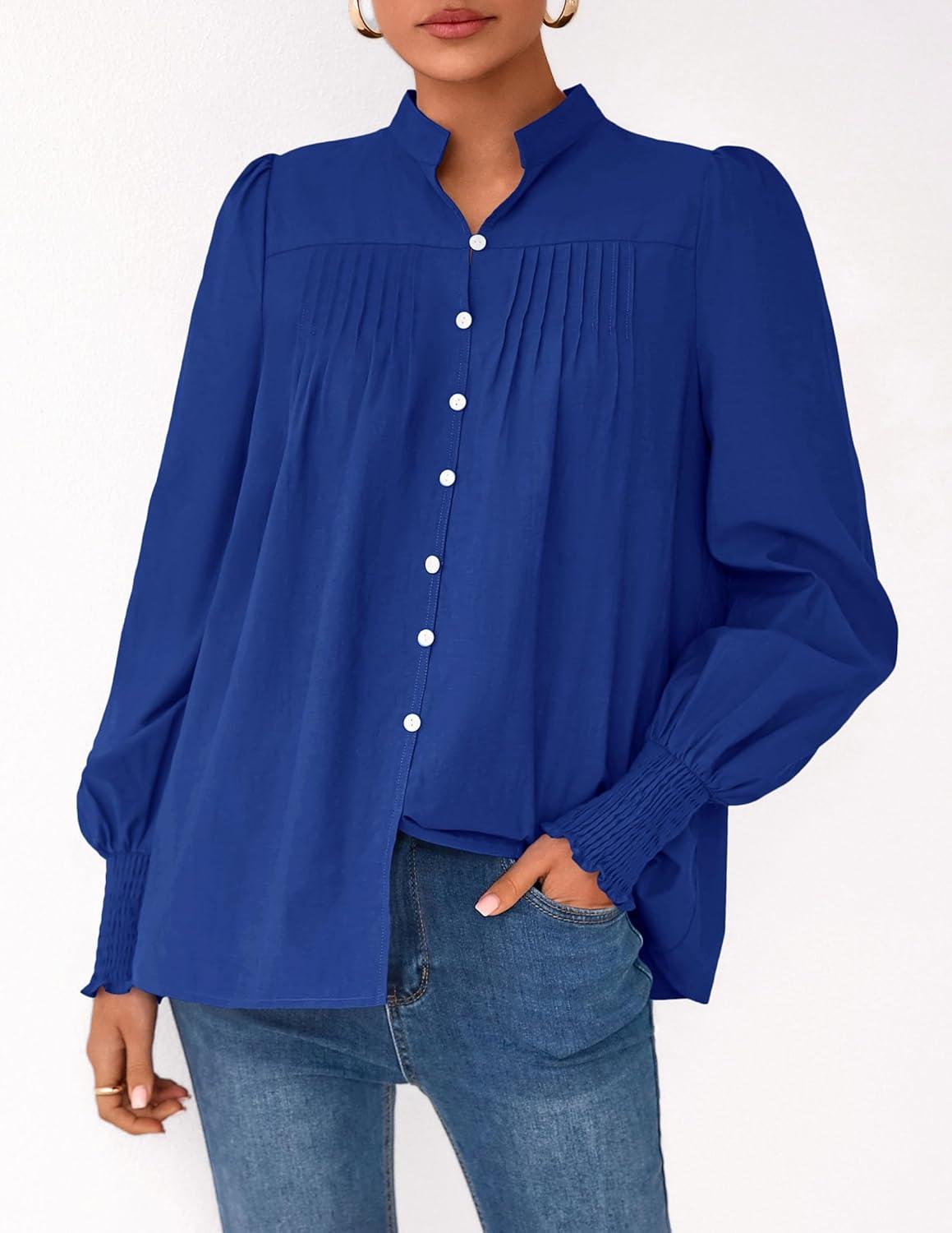 imagePRETTYGARDEN Fall Lantern Long Sleeve Shirts for Women 2025 Trendy Button Vneck Pullover Henley Tops Dressy Work BlousesBlue