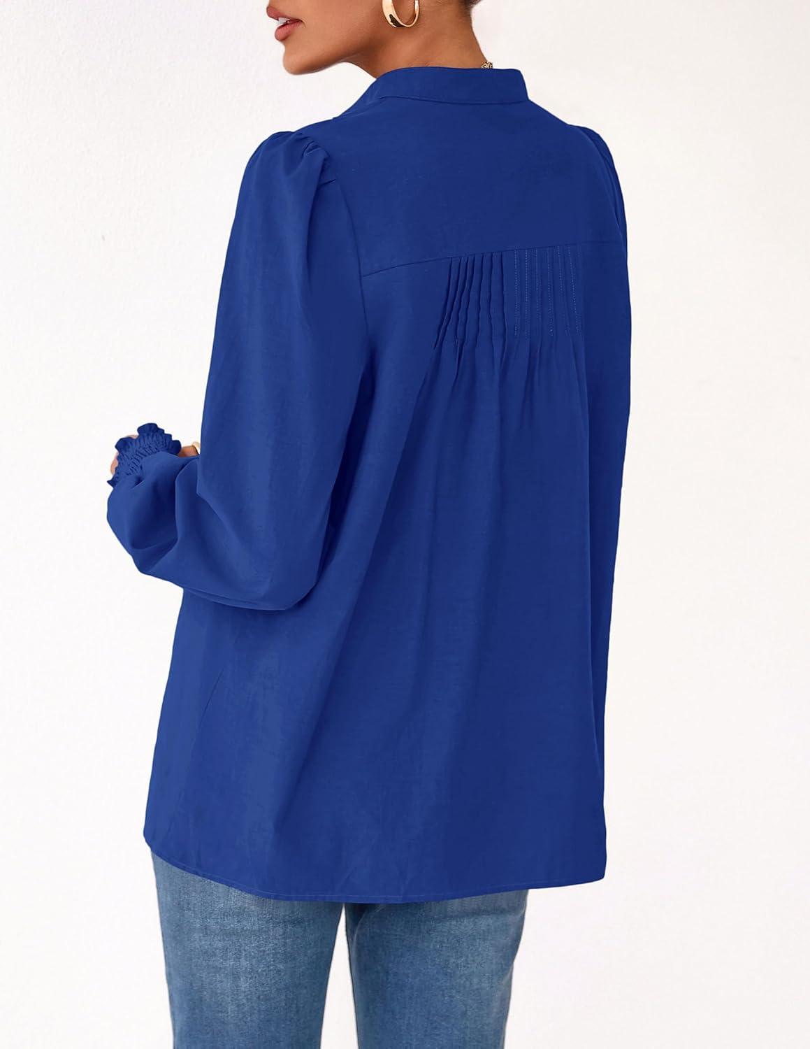 imagePRETTYGARDEN Fall Lantern Long Sleeve Shirts for Women 2025 Trendy Button Vneck Pullover Henley Tops Dressy Work BlousesBlue