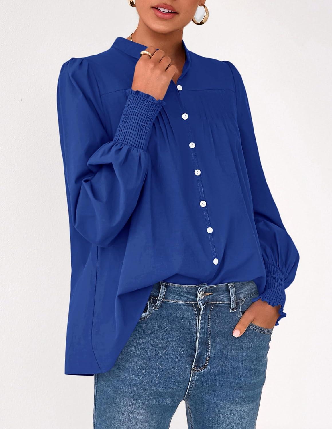imagePRETTYGARDEN Fall Lantern Long Sleeve Shirts for Women 2025 Trendy Button Vneck Pullover Henley Tops Dressy Work BlousesBlue