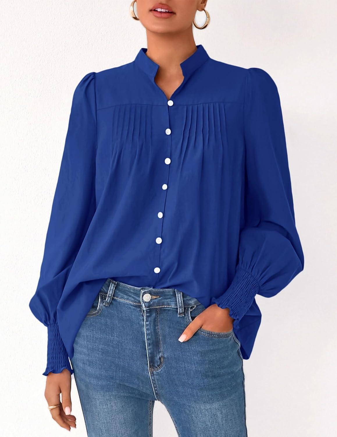 imagePRETTYGARDEN Fall Lantern Long Sleeve Shirts for Women 2025 Trendy Button Vneck Pullover Henley Tops Dressy Work BlousesBlue