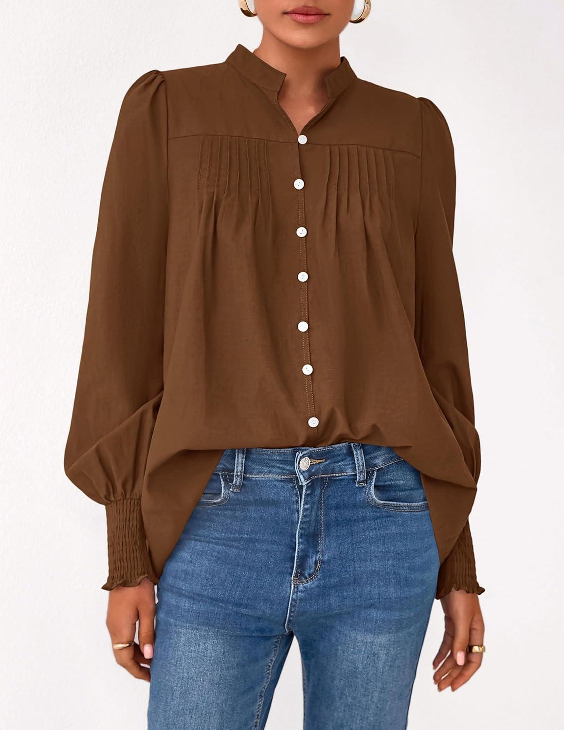 imagePRETTYGARDEN Fall Lantern Long Sleeve Shirts for Women 2025 Trendy Button Vneck Pullover Henley Tops Dressy Work BlousesBrown