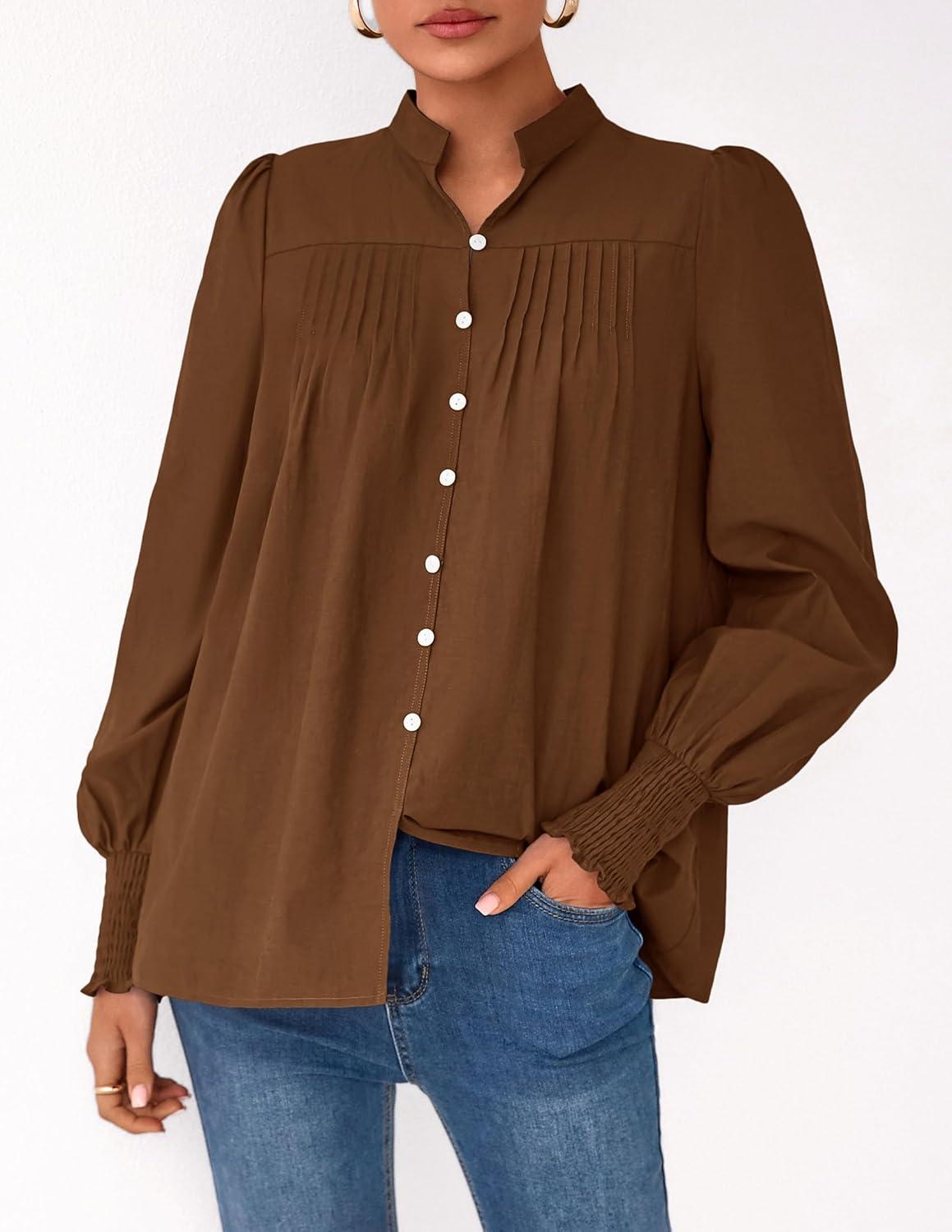 imagePRETTYGARDEN Fall Lantern Long Sleeve Shirts for Women 2025 Trendy Button Vneck Pullover Henley Tops Dressy Work BlousesBrown