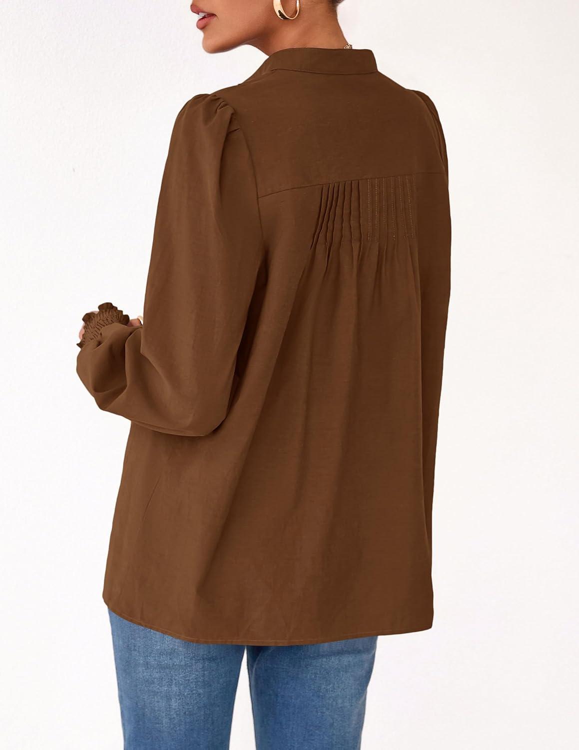 imagePRETTYGARDEN Fall Lantern Long Sleeve Shirts for Women 2025 Trendy Button Vneck Pullover Henley Tops Dressy Work BlousesBrown