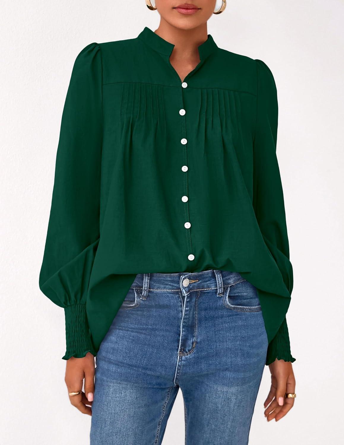 imagePRETTYGARDEN Fall Lantern Long Sleeve Shirts for Women 2025 Trendy Button Vneck Pullover Henley Tops Dressy Work BlousesDark Green