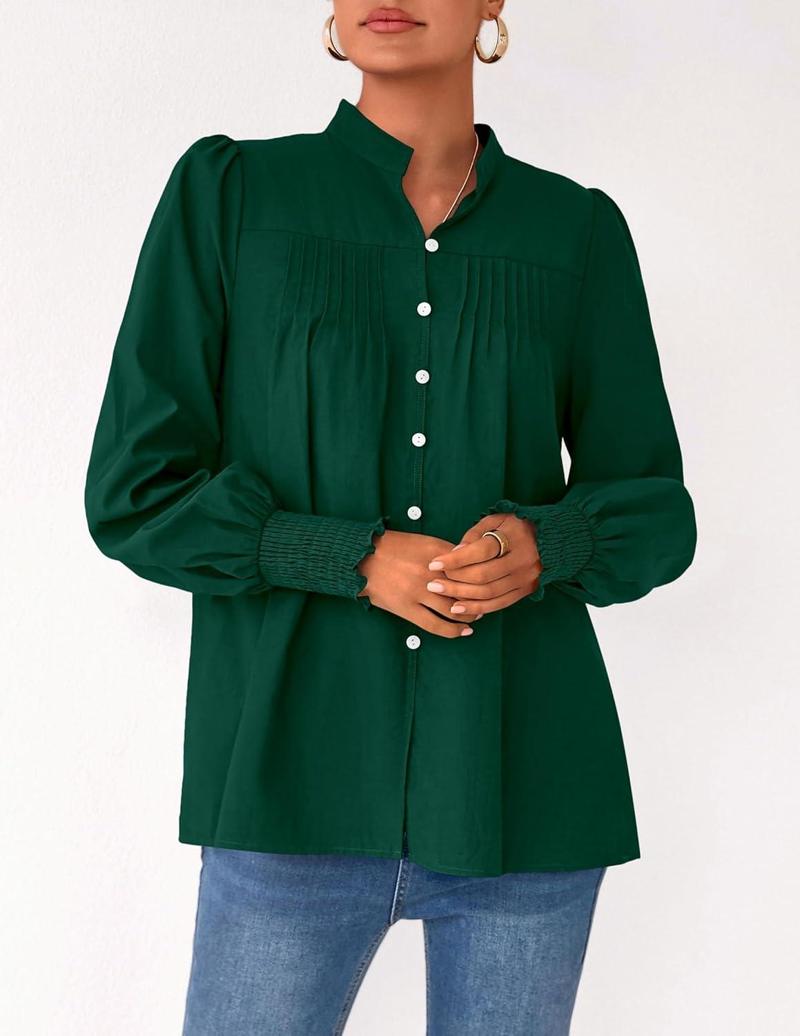 imagePRETTYGARDEN Fall Lantern Long Sleeve Shirts for Women 2025 Trendy Button Vneck Pullover Henley Tops Dressy Work BlousesDark Green