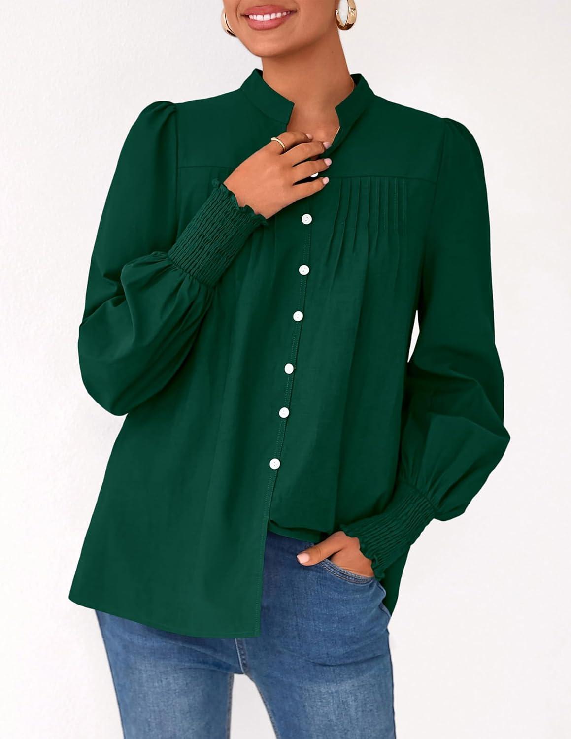 imagePRETTYGARDEN Fall Lantern Long Sleeve Shirts for Women 2025 Trendy Button Vneck Pullover Henley Tops Dressy Work BlousesDark Green