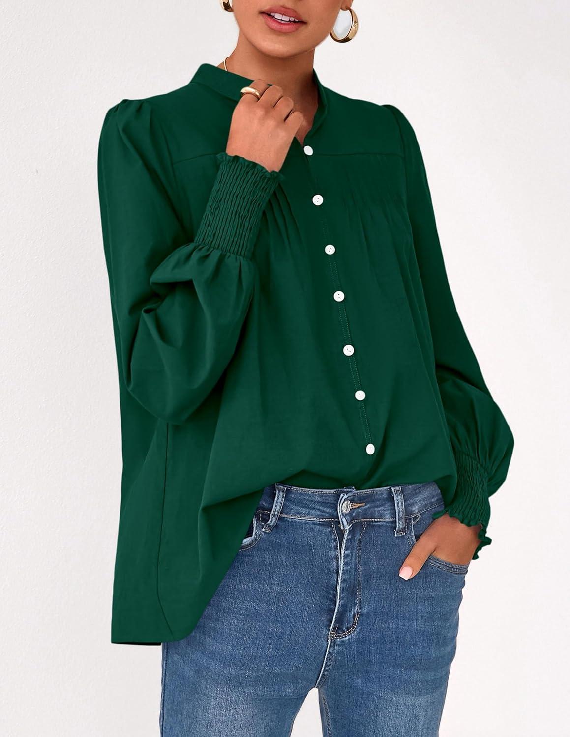 imagePRETTYGARDEN Fall Lantern Long Sleeve Shirts for Women 2025 Trendy Button Vneck Pullover Henley Tops Dressy Work BlousesDark Green