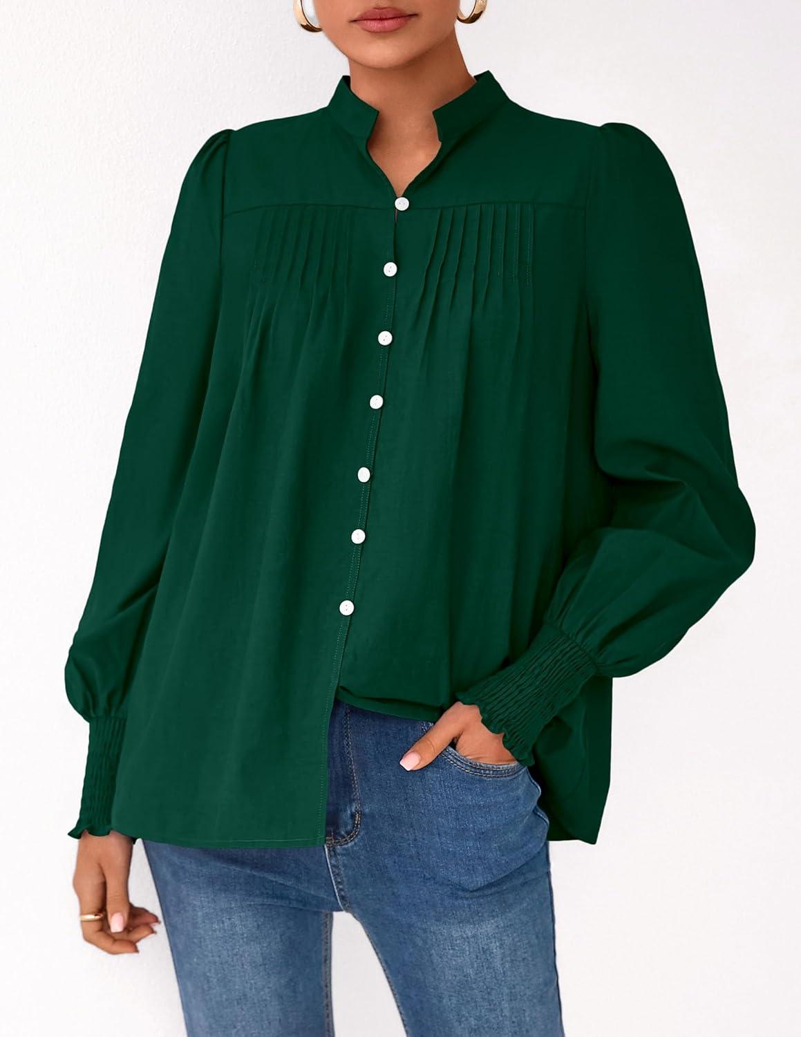 imagePRETTYGARDEN Fall Lantern Long Sleeve Shirts for Women 2025 Trendy Button Vneck Pullover Henley Tops Dressy Work BlousesDark Green