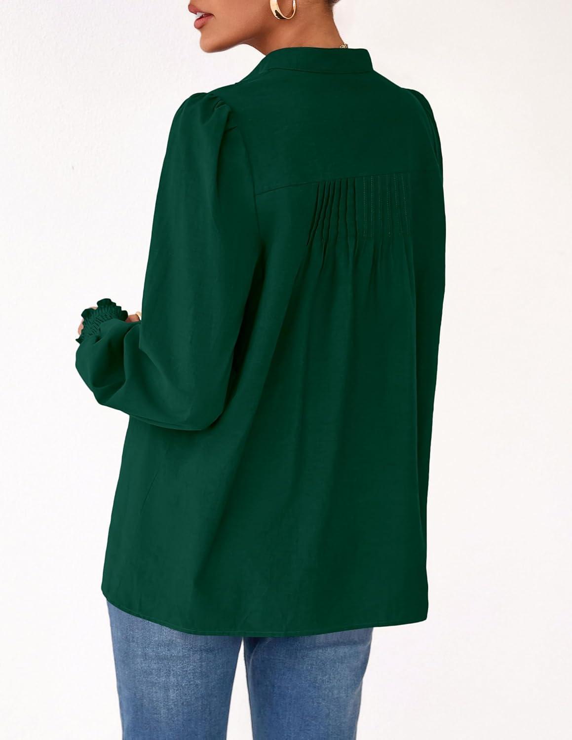 imagePRETTYGARDEN Fall Lantern Long Sleeve Shirts for Women 2025 Trendy Button Vneck Pullover Henley Tops Dressy Work BlousesDark Green