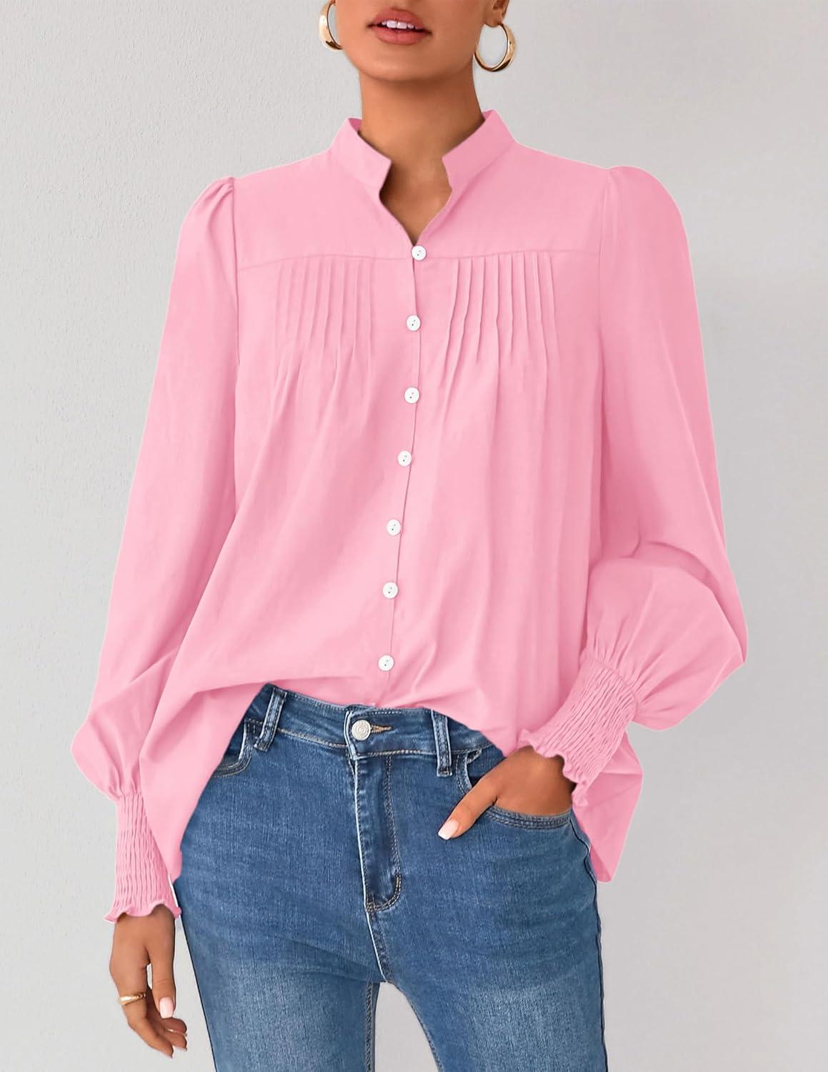 imagePRETTYGARDEN Fall Lantern Long Sleeve Shirts for Women 2025 Trendy Button Vneck Pullover Henley Tops Dressy Work BlousesPink