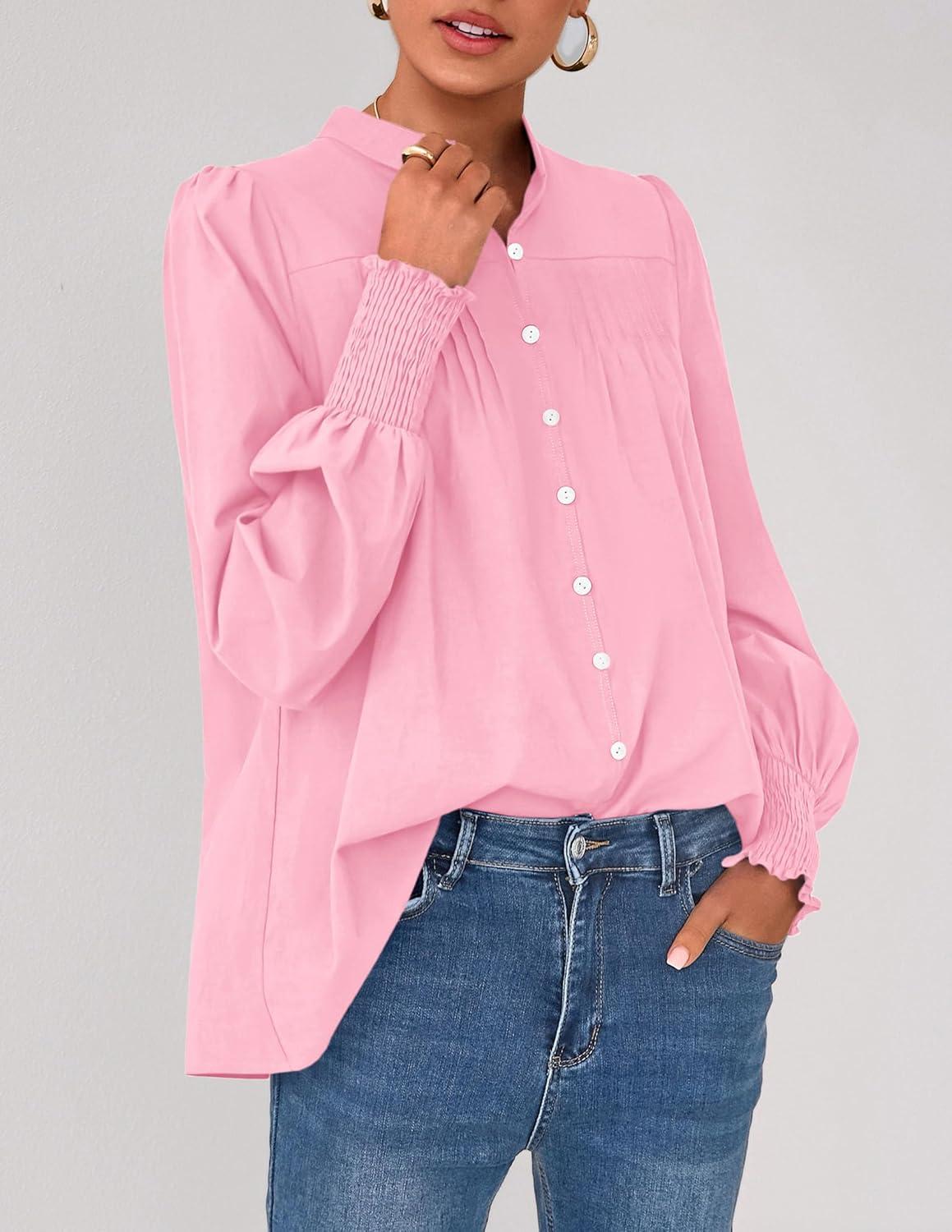 imagePRETTYGARDEN Fall Lantern Long Sleeve Shirts for Women 2025 Trendy Button Vneck Pullover Henley Tops Dressy Work BlousesPink