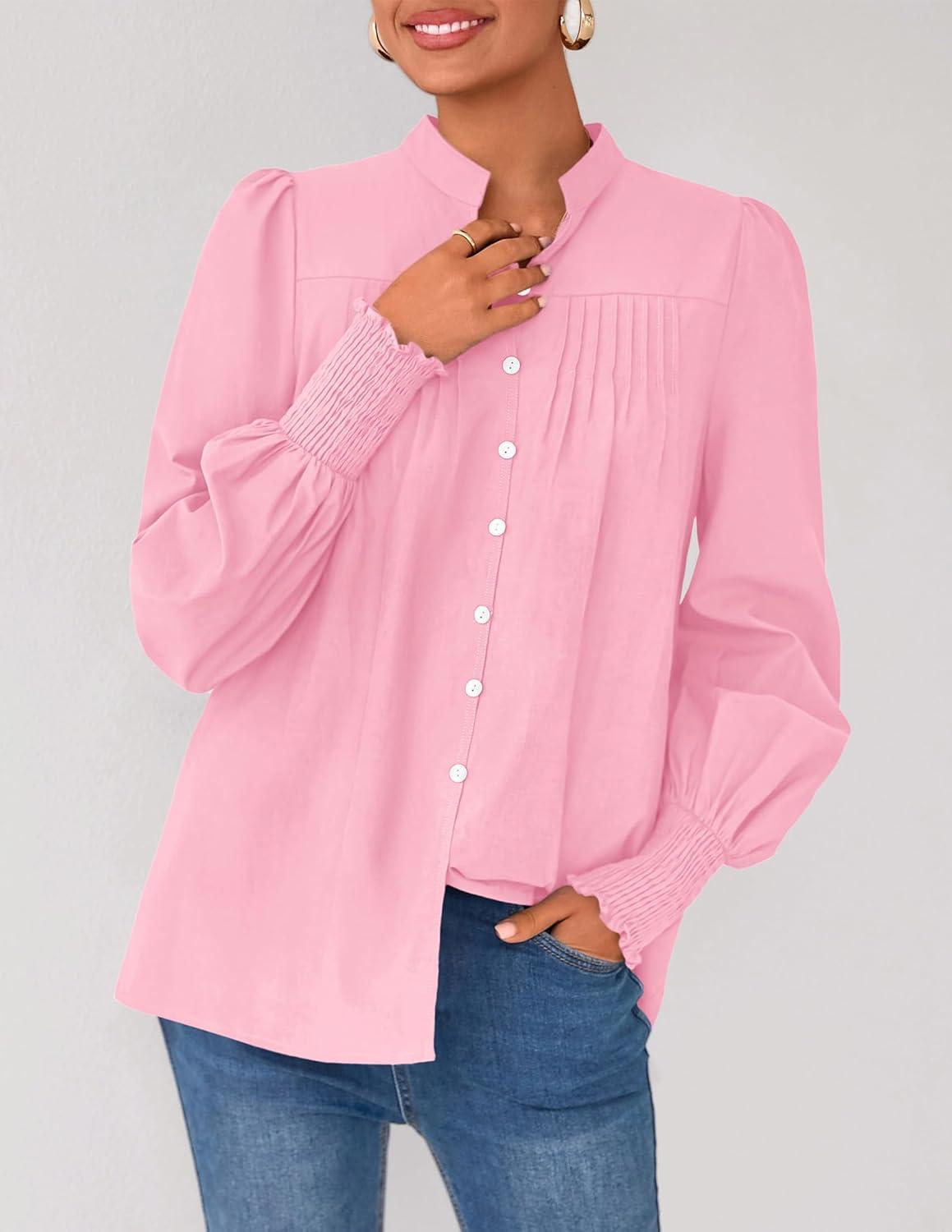 imagePRETTYGARDEN Fall Lantern Long Sleeve Shirts for Women 2025 Trendy Button Vneck Pullover Henley Tops Dressy Work BlousesPink