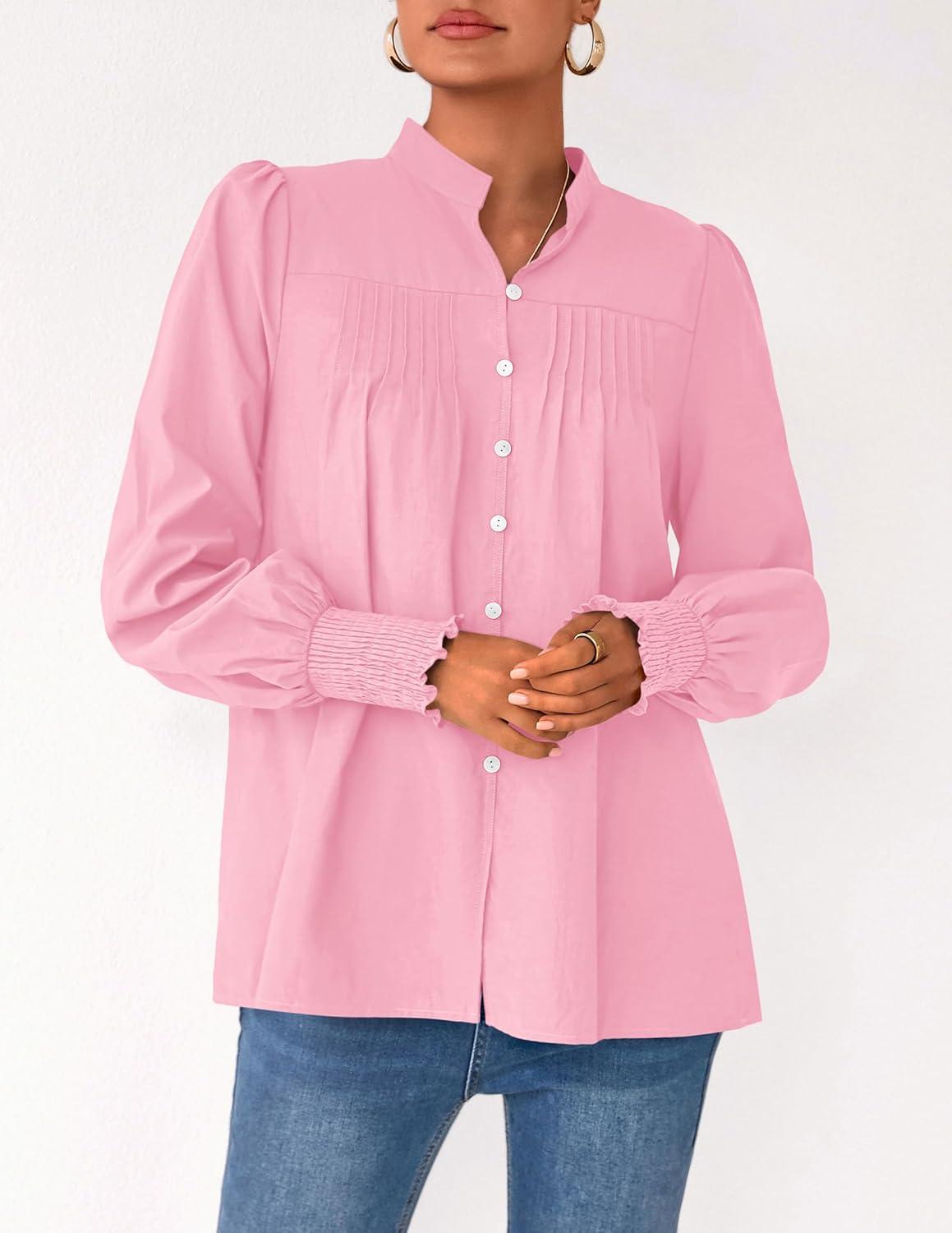 imagePRETTYGARDEN Fall Lantern Long Sleeve Shirts for Women 2025 Trendy Button Vneck Pullover Henley Tops Dressy Work BlousesPink