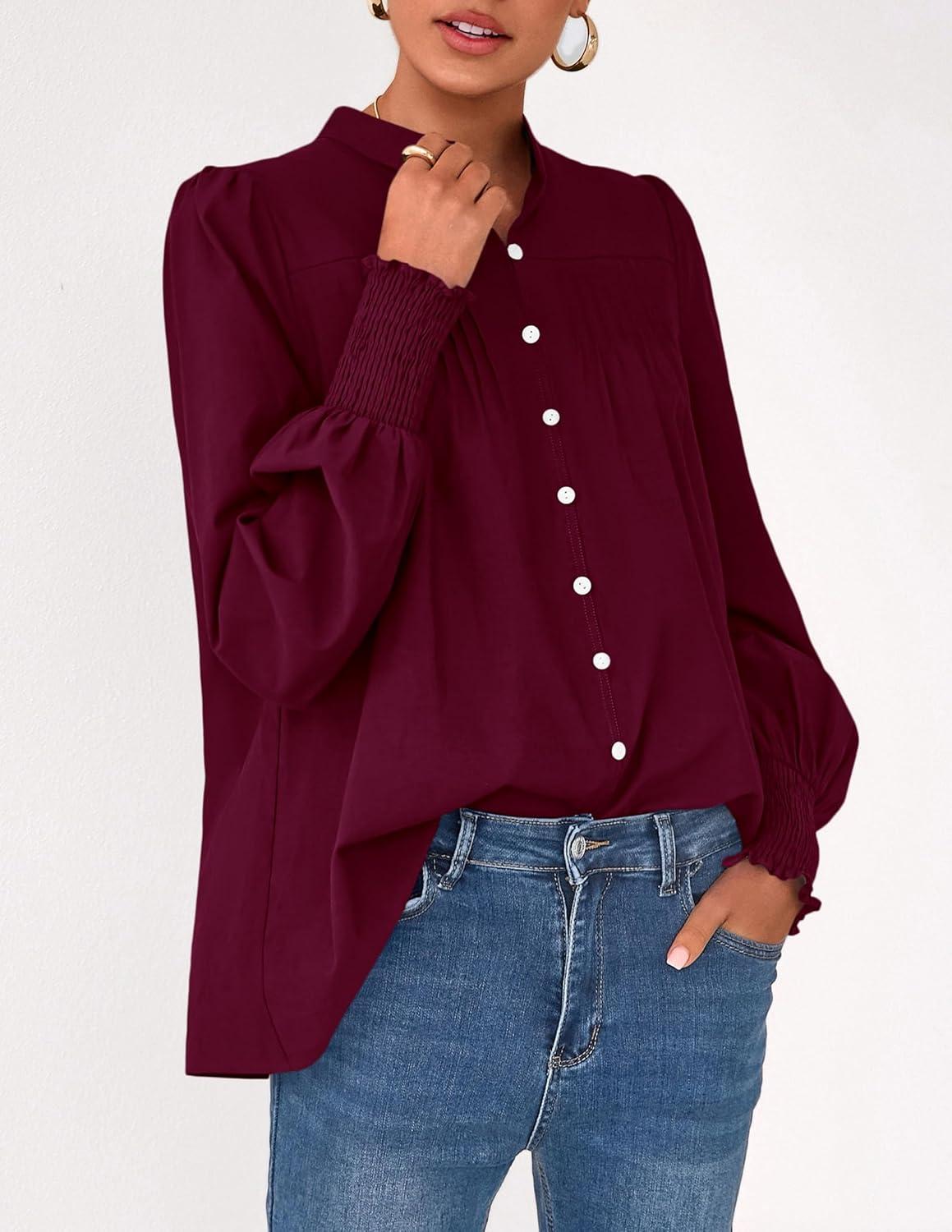 imagePRETTYGARDEN Fall Lantern Long Sleeve Shirts for Women 2025 Trendy Button Vneck Pullover Henley Tops Dressy Work BlousesWine Red