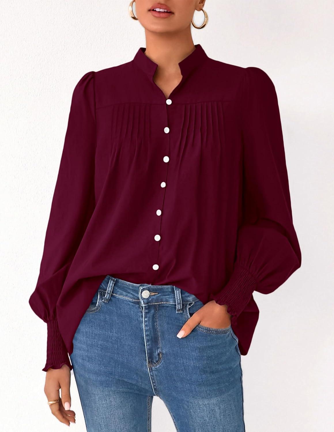 imagePRETTYGARDEN Fall Lantern Long Sleeve Shirts for Women 2025 Trendy Button Vneck Pullover Henley Tops Dressy Work BlousesWine Red