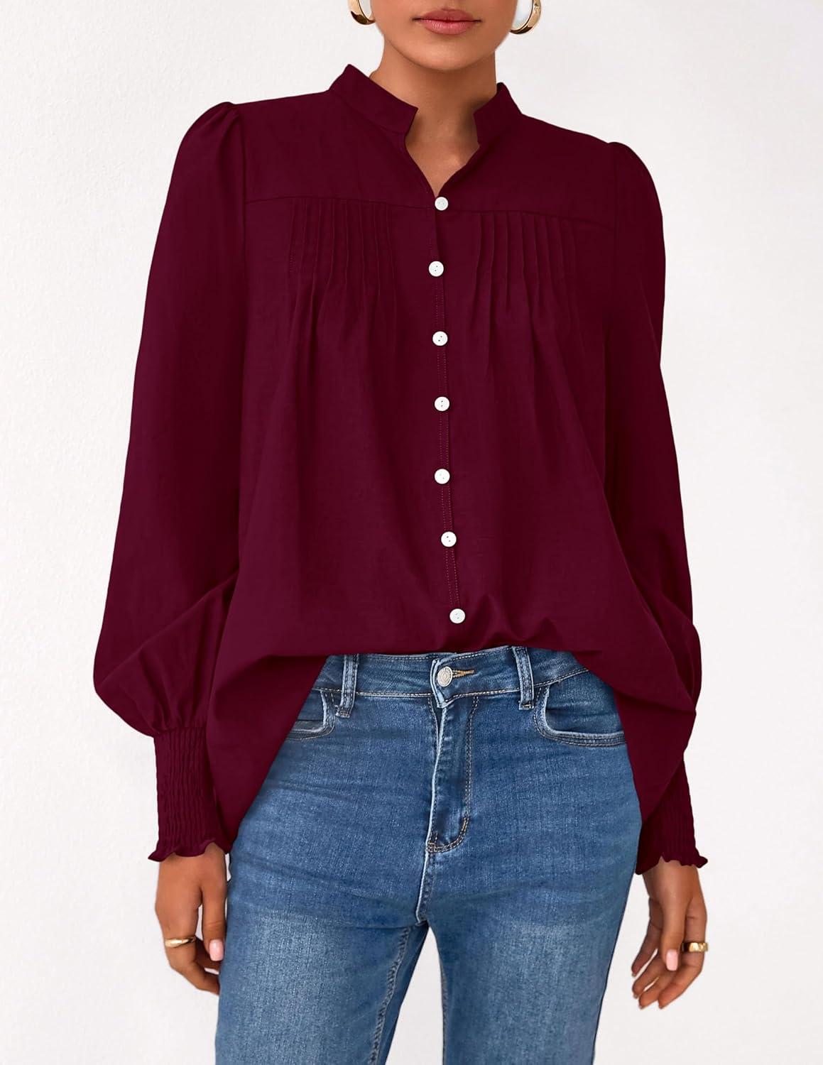 imagePRETTYGARDEN Fall Lantern Long Sleeve Shirts for Women 2025 Trendy Button Vneck Pullover Henley Tops Dressy Work BlousesWine Red