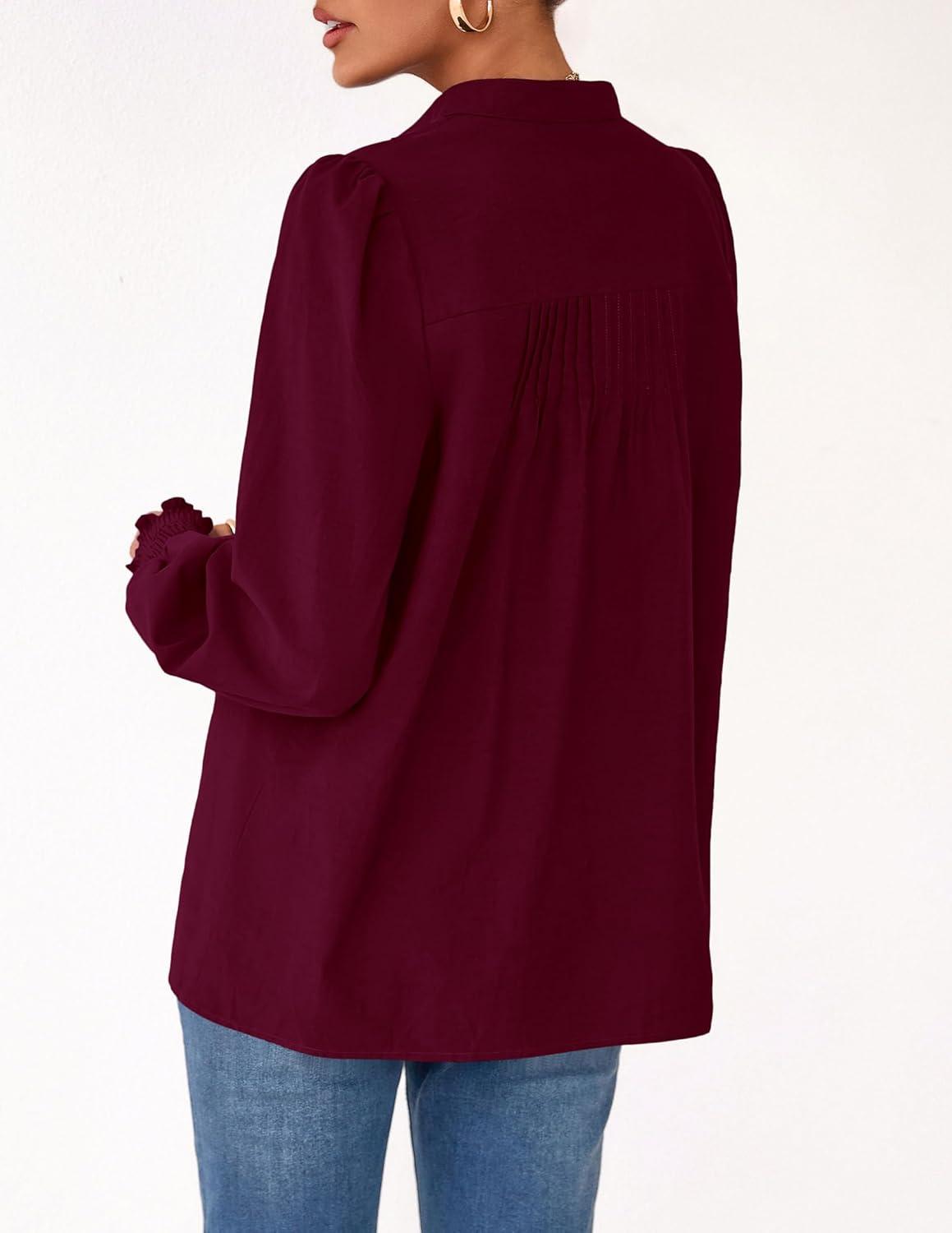 imagePRETTYGARDEN Fall Lantern Long Sleeve Shirts for Women 2025 Trendy Button Vneck Pullover Henley Tops Dressy Work BlousesWine Red