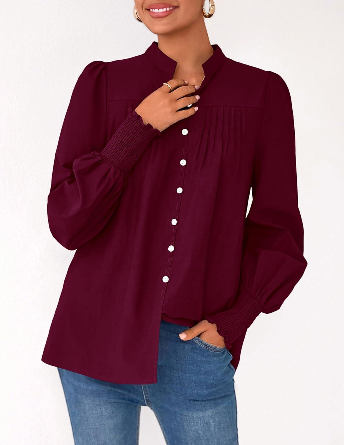 imagePRETTYGARDEN Fall Lantern Long Sleeve Shirts for Women 2025 Trendy Button Vneck Pullover Henley Tops Dressy Work BlousesWine Red
