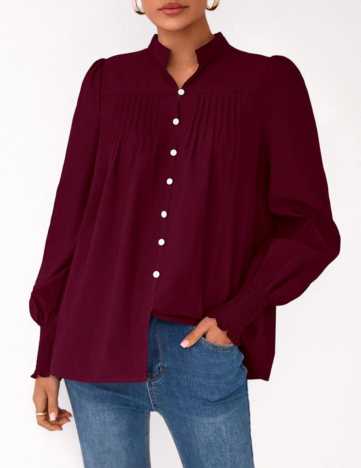 imagePRETTYGARDEN Fall Lantern Long Sleeve Shirts for Women 2025 Trendy Button Vneck Pullover Henley Tops Dressy Work BlousesWine Red