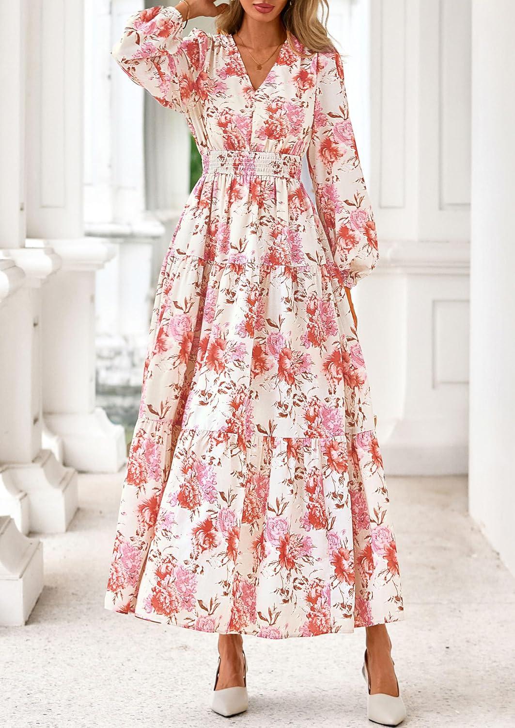 imagePRETTYGARDEN Long Sleeve Maxi Fall Dresses for Women 2025 Vneck Smocked Boho Floral Tiered Swing Flowy Wedding Guest DressFloral Apricot Multi