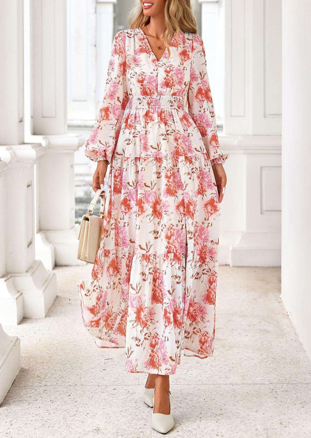 imagePRETTYGARDEN Long Sleeve Maxi Fall Dresses for Women 2025 Vneck Smocked Boho Floral Tiered Swing Flowy Wedding Guest DressFloral Apricot Multi