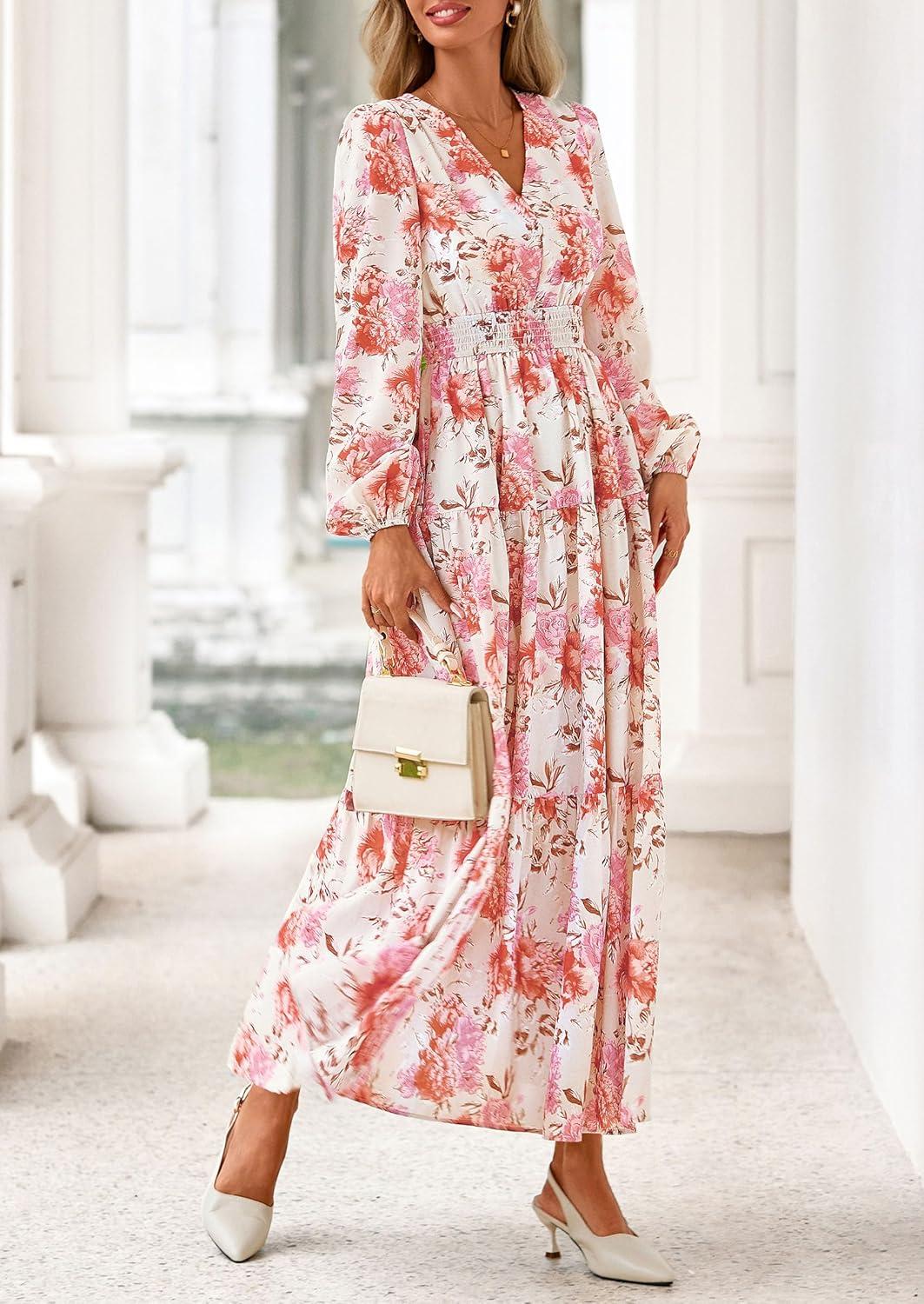 imagePRETTYGARDEN Long Sleeve Maxi Fall Dresses for Women 2025 Vneck Smocked Boho Floral Tiered Swing Flowy Wedding Guest DressFloral Apricot Multi