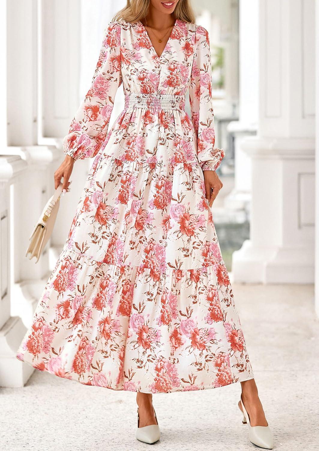 imagePRETTYGARDEN Long Sleeve Maxi Fall Dresses for Women 2025 Vneck Smocked Boho Floral Tiered Swing Flowy Wedding Guest DressFloral Apricot Multi