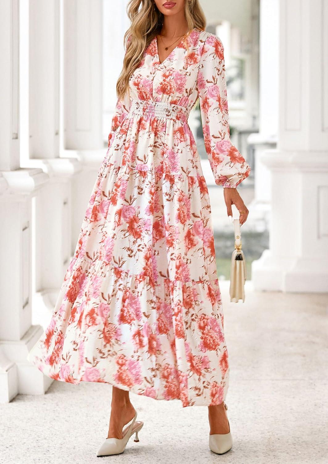 imagePRETTYGARDEN Long Sleeve Maxi Fall Dresses for Women 2025 Vneck Smocked Boho Floral Tiered Swing Flowy Wedding Guest DressFloral Apricot Multi