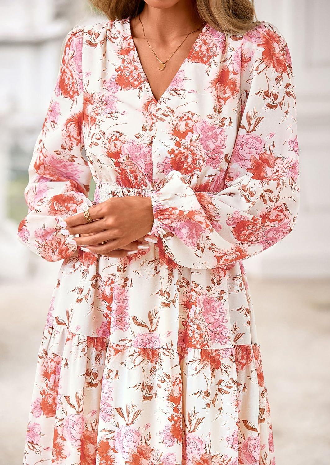 imagePRETTYGARDEN Long Sleeve Maxi Fall Dresses for Women 2025 Vneck Smocked Boho Floral Tiered Swing Flowy Wedding Guest DressFloral Apricot Multi