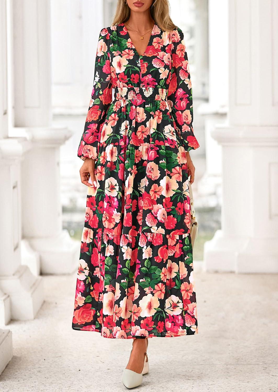 imagePRETTYGARDEN Long Sleeve Maxi Fall Dresses for Women 2025 Vneck Smocked Boho Floral Tiered Swing Flowy Wedding Guest DressFloral Black Multi